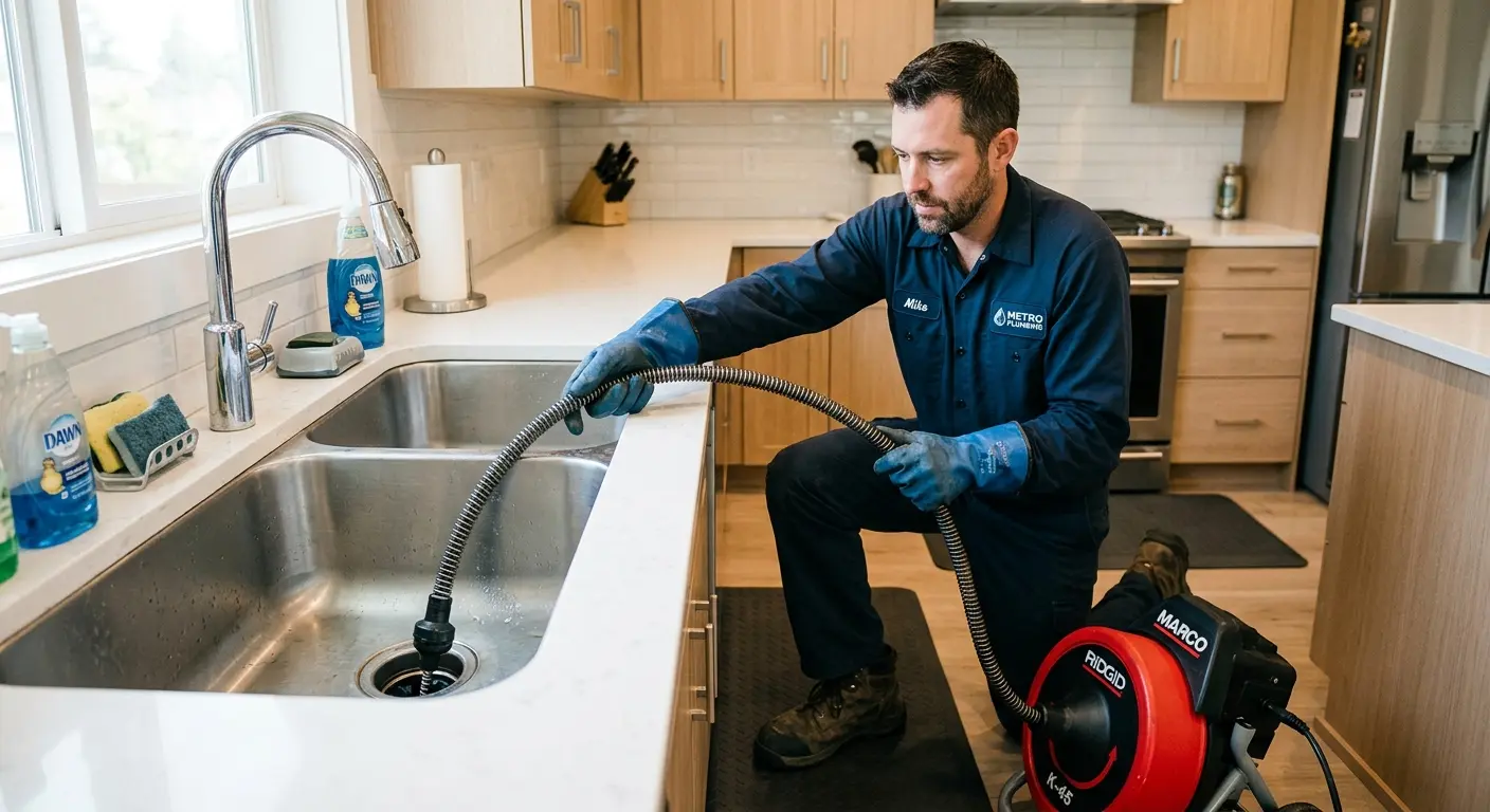 Drain cleaning technician using a motorized snake on a kitchen sink in Spout Springs
