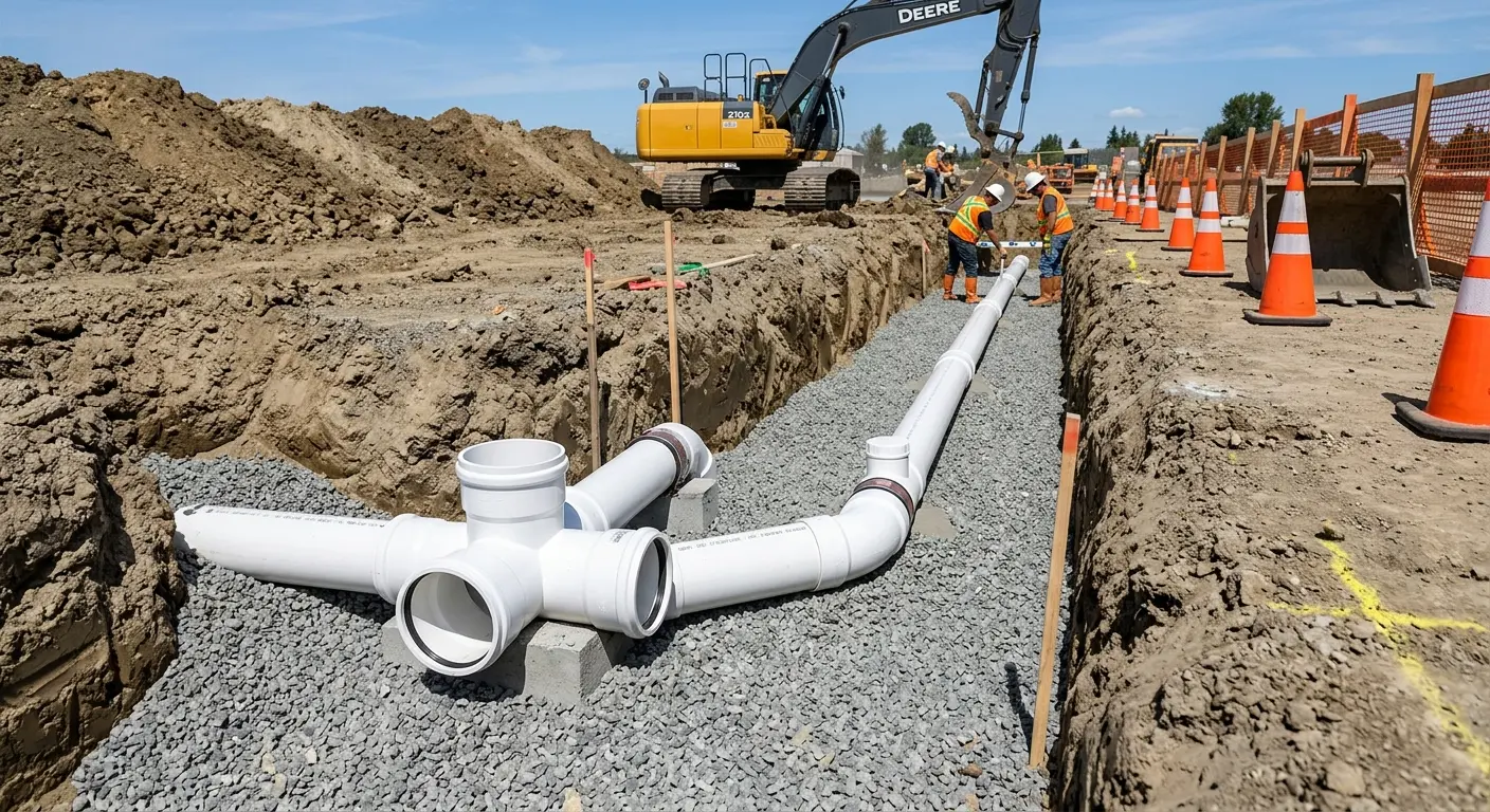 New PVC sewer pipe installation in open trench for Commercial Drain Cleaning in Spout Springs