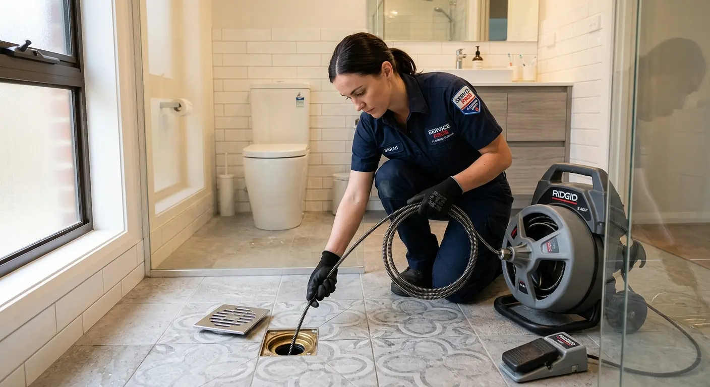 Technician clearing a bathroom floor drain for Drain Cleaning in Spout Springs